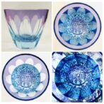 グラスにお酒を入れるとグラス底面に彫刻した模様が側面に映り込み藤が広がります。まるで藤棚の中にいる様な気持ちになれる砂切子ならではの不思議なグラスです。 赤系の色に見えるかもしれませんが、実際は「紫」。金紫という色です。ライトブルーの素地に紫色を被せた2重構造の被せ硝子を使用し、満開の藤を表現した至高の一品です。